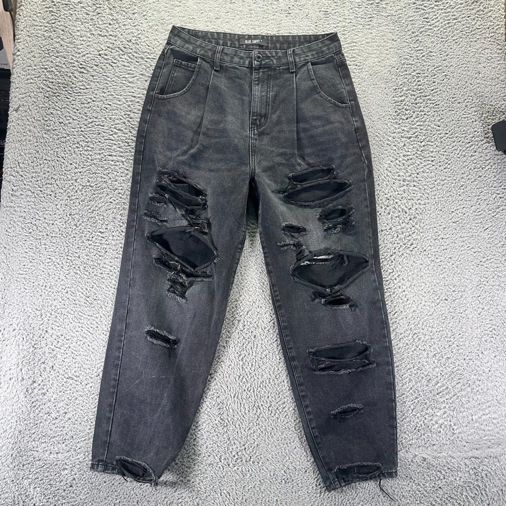 Blue Savvy Jeans Womens 13 Black Cotton Denim Tapered Leg Distressed Streetwear